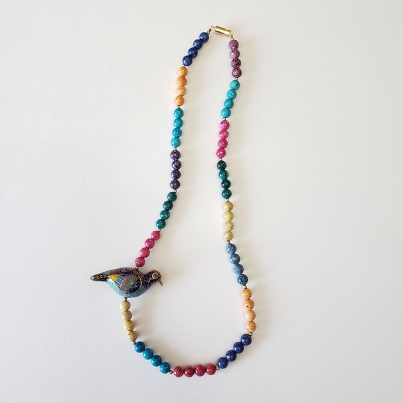 Vintage 1960's Gold Tone clasp, Multi Bead, Cloisonne Bird Necklace, - Picture 4 of 11